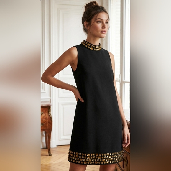 I.N.C. Sleeveless Black & Gold Embellished Mock Neck Shift Dress Size 8